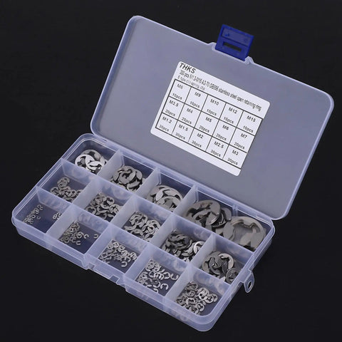 Open case of Heavy Duty 300 Piece Stainless Steel E Clip Set M1.2 To M15 Retaining Ring Circlip Assortment Kit, showing multiple sizes.