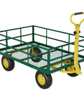 22 Cu Ft Steel Tow Behind Dump Cart for ATVs and UTVs with removable rear panel, shown with green sturdy frame and yellow handle