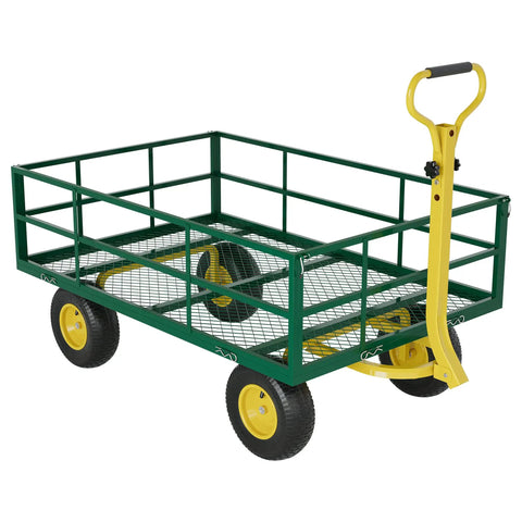 22 Cu Ft Steel Tow Behind Dump Cart for ATVs and UTVs with removable rear panel, shown with green sturdy frame and yellow handle