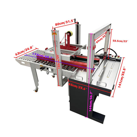Auto Carton Sealing And Strapping Machine 2-In-1 Industrial Box Packaging Tapper With Polypropylene Strap Winder Adjustable 120-500 Mm Width fast 400-600 boxes hourly rate for warehouse shipping supplies 110V, showing dimensions and design.