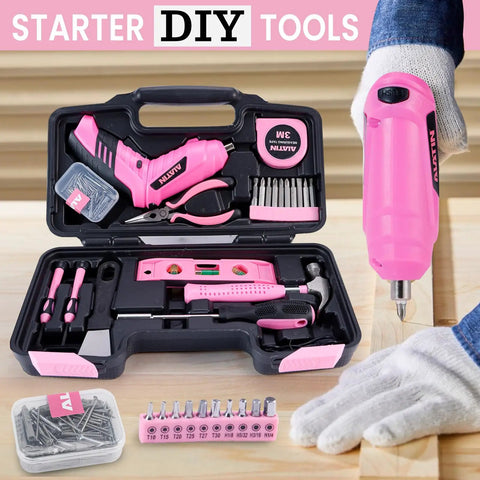 Pink Tool Set For Women 136 Piece Home DIY Kit with 3.6V Electric Screwdriver and hand tools in carry case