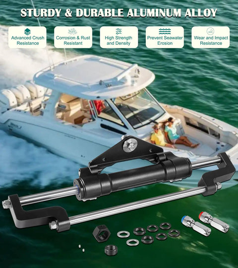 Front Mount Outboard Hydraulic Steering Cylinder Kit With Two Way Lock Valve And ORB Fittings For 300HP Outboard Powered Boats Dockside Ready, Fits Center Console Bass Flats Offshore Cruisers And More Max Working Pressure 1500 PSI