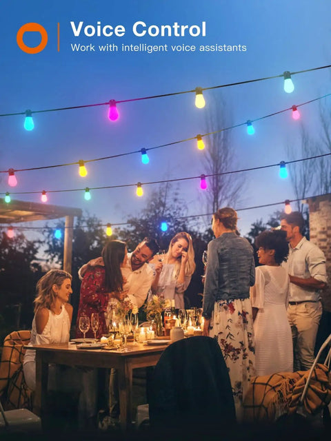 48 Ft Outdoor String Lights Dimmable With Remote And App Control Multicolor Waterproof Shatterproof LED Bulbs in backyard celebration