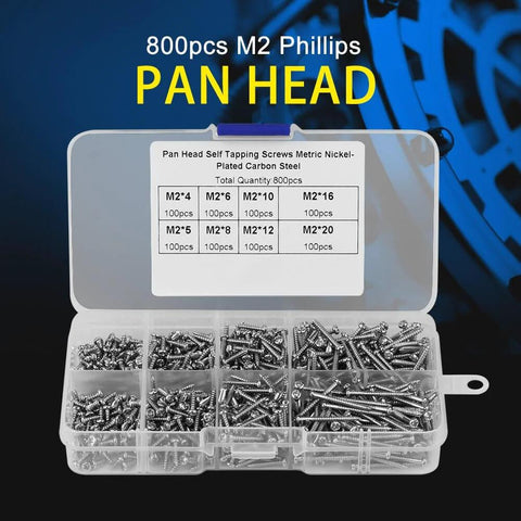 800Pcs M2 Self Drilling Screw Set With Handy Eight Sizes Cross Drive Pan Head Wood Screws Made of 304 Stainless Steel, Self Tapping Fasteners
