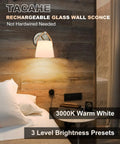 Battery Operated Wall Sconce With Glass Shade, 3000K Warm White, installed in bedroom, nickel finish, easy setup, no wiring needed