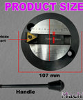 Front view of MachE ball turning attachment for lathe with carbide insert; 107 mm diameter housing; separate handle