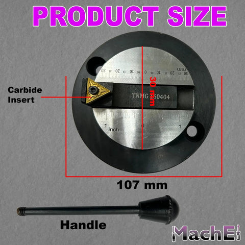 Front view of MachE ball turning attachment for lathe with carbide insert; 107 mm diameter housing; separate handle
