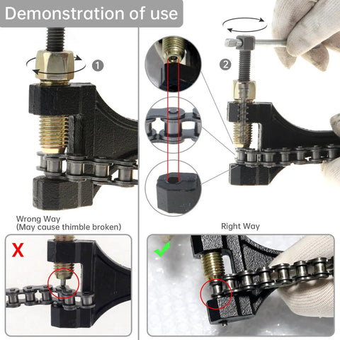 Demonstration of use for Beefed Up Motorcycle Chain Link Breaker And Pin Removal Tool with 10 Master Links