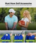 A woman handing a gift box to a man on a golf course, with images of blue microfiber golf towels below.