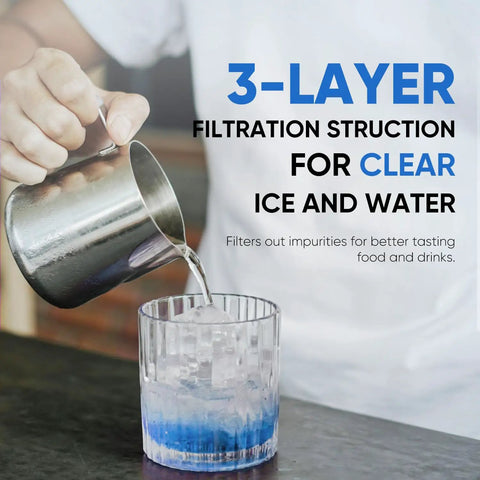 Pouring water into a glass showing the effectiveness of the Must Have Replacement Refrigerator Water Filter Compatible With LG LT500P And Kenmore 9890 Models, 4 Pack, Removes 99% Chlorine Taste And Odor, NSF 42 Certified Lead Free, BPA Free, NSF Can 372, Fits HDX FML1 LFX25974ST LFX25973D