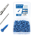 Heavy Duty Concrete Screw Assortment Kit With Drill And Driver Bits For Brick Block Stucco Hex Head Self Tapping Masonry Anchors Built Tough No Sweat Setup Ready For Your Next Home Reno Job One Quarter Long with blue screws and drill bit.