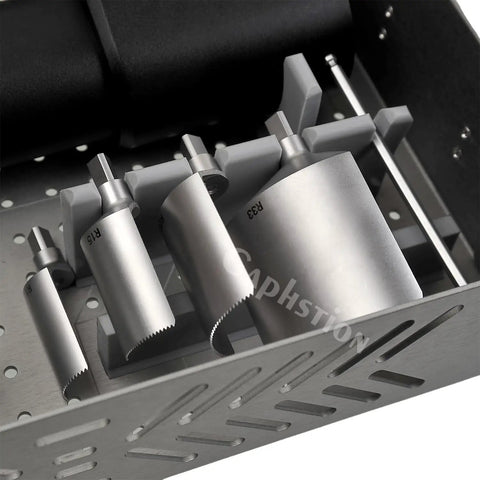 Heavy Duty Veterinary TPLO Saw And Electric Bone Drill Kit For Small Animal Orthopedics Built Tough sterilizable saw blades in metal holder.