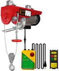 Front view of red electric hoist winch with steel wire rope, hook, and yellow wireless remote control unit
