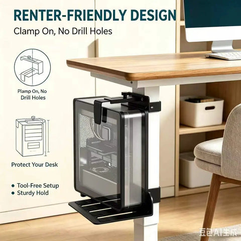 No Drill Necessary Heavy Duty Under Desk PC Mount Rock Solid CPU Holder For Standing Desk Electric Workstation clamped to desk.