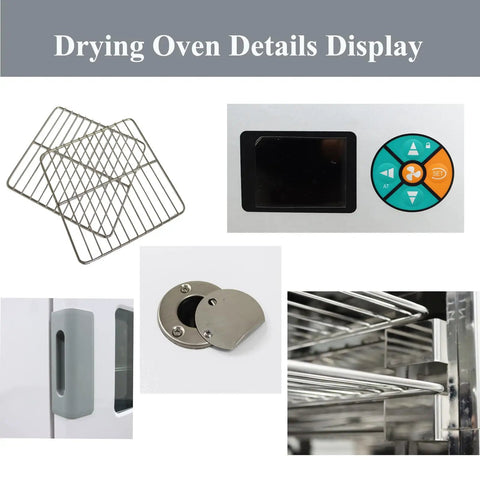 Heavy Duty 600W 110V Stainless Steel Forced Air Convection Drying Oven With Digital Pid Temperature Control And 50 To 250C Range showing racks, control panel, and door details.