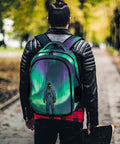 Person wearing Dope Aurora Astronaut Print Unisex Backpack With Large Capacity For Everyday Carry in a park setting