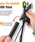 Person holding Split Wire Loom Kit 1/4 To 3/4 Inch, 30 Ft Black Flexible Conduit Tubing For Wires with installation tool.