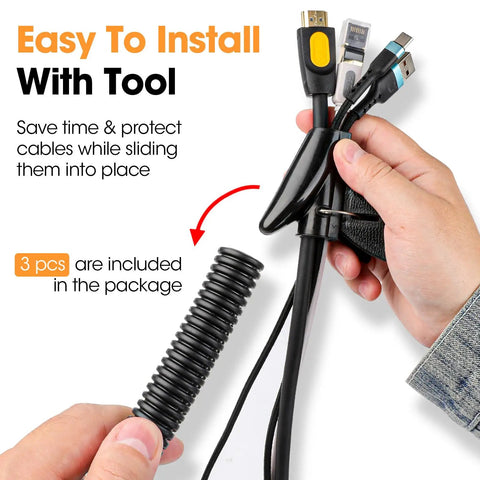 Person holding Split Wire Loom Kit 1/4 To 3/4 Inch, 30 Ft Black Flexible Conduit Tubing For Wires with installation tool.