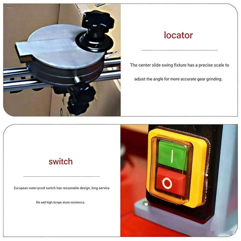 Professional Shop Grade Electric Circular Saw Blade Sharpening Machine With Water Injection Cooling Setup showing locator and switch details.