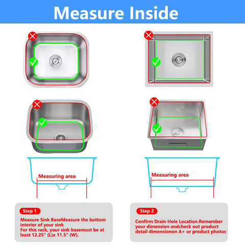 Diagram showing sink measurements for installing Silicone Sink Protector Mat for Kitchen Sink Grid With Raised Feet, 26x14 Inch Gray.