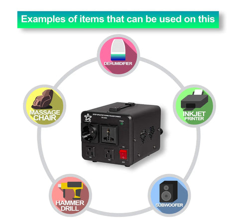 Universal Step Up And Step Down Voltage Converter Transformer 110 To 220 And 220 To 240 Volts 2500 Watts with use icons
