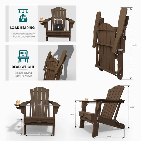 Set Of 2 Folding Adirondack Chairs With Cup Holder HDPE Wood Grain Finish All Weather Outdoor Patio Chairs For Deck Backyard Garden Lawn Brown Built To Last