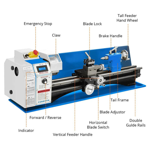 Mini Metal Lathe 8 Inch By 30 Inch Swing And Length with controls for precision work, motor speed indicator, and rails.