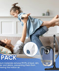 Mother and daughter playing near Miele vacuum with No Fuss Replacement Vacuum Cleaner Bags And Filter Set in promo image.