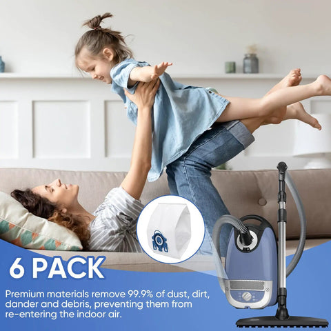 Mother and daughter playing near Miele vacuum with No Fuss Replacement Vacuum Cleaner Bags And Filter Set in promo image.