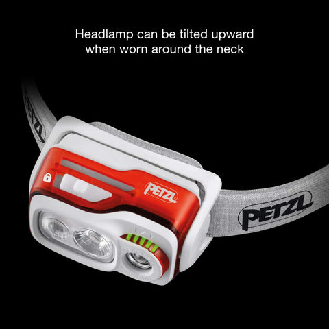 Swift RL Rechargeable Headlamp With Reactive Lighting Technology, 900 Lumens, Blue shown with adjustable strap and tilt feature