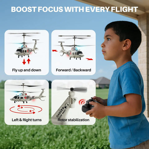Child playing with Rescue RC Helicopter for Beginners, Lifelike Remote Control Copter With Upgraded Protection System outdoors
