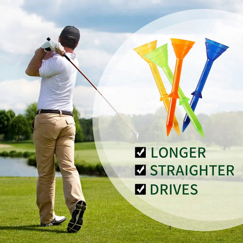 Golfer using Ultra Durable Three And One Quarter Inch Plastic Golf Tees Forty Pack With Big Cup Design For Max Stability Reduced Friction And Side Spin In Orange And Blue