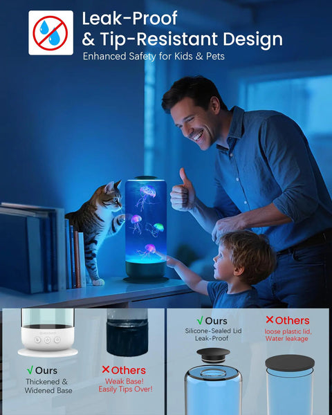 Man and child admire Jellyfish Lamp With 7 Color Changing LEDs Realistic Floating Tank Aquarium Night Light next to cat