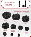 Draw stud and opening mould sizes for 8 Ton Hydraulic Knockout Punch Set For Electrical Conduit And Metal Sheets, 1/2 To 2 Inch Dies Included.