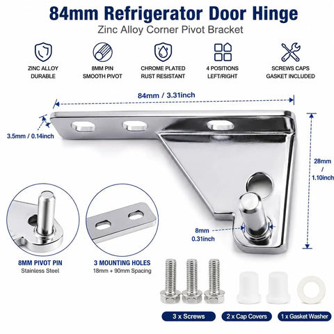 84mm Refrigerator Door Hinge Zinc Chrome With 8mm Pin For French Doors Four Positions Adjustable TL Replacement Beefy Zinc Alloy Chrome Finish