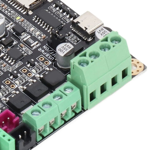 Close-up of connectors on 32 Bit Control Board For 3D Printer With ESP32 Dual Core 240MHz MCU Fast Beefy Reliable Additive Manufacturing Motherboard