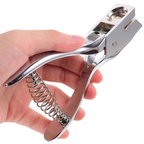Hand holding Oval Hole Puncher Handheld Manual Metal Card Punch Tool for Office and Home Eight Sheets Solid Build