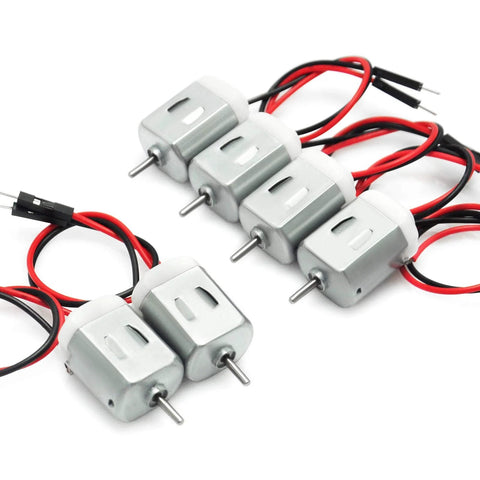 Pack of 6 compact 130 DC motors for Arduino projects with 2 mm shaft and wired leads, ideal for robotics and DIY builds.