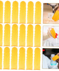 100 Pack Anti Static Latex Finger Covers For Joint Support And Blister Shield Heavy Duty Finger Guards For Crafting Gaming Chores. Yellow finger sleeves shown in various uses.