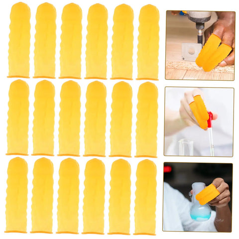 100 Pack Anti Static Latex Finger Covers For Joint Support And Blister Shield Heavy Duty Finger Guards For Crafting Gaming Chores. Yellow finger sleeves shown in various uses.