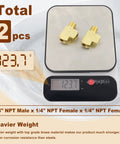 2 Pack Brass Tee Fittings Quarter Inch NPT Female To Quarter Inch NPT Male To Quarter Inch NPT Female on scale showing weight 123.7g