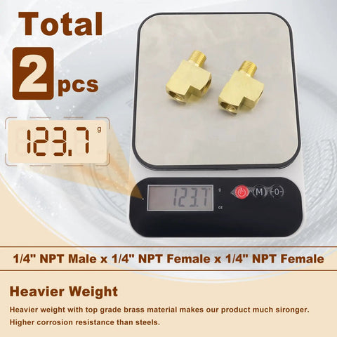2 Pack Brass Tee Fittings Quarter Inch NPT Female To Quarter Inch NPT Male To Quarter Inch NPT Female on scale showing weight 123.7g