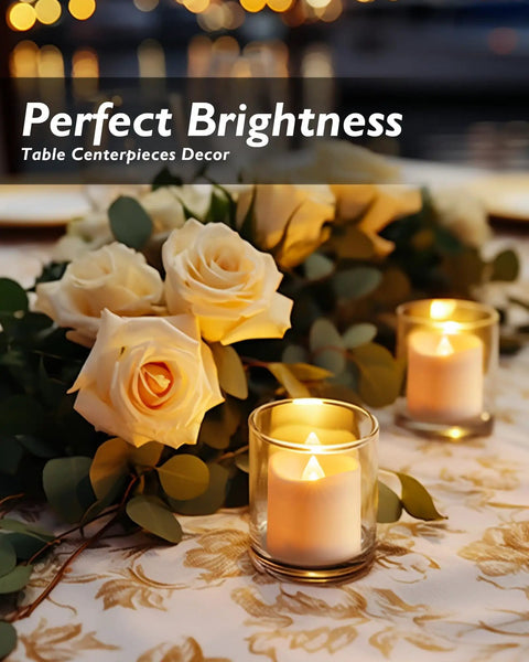 12 Pack Timer Flameless LED Votive Candles For Weddings With Auto On Off 6H 18H next to white roses on table