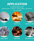 Various metal types including iron, cast iron, titanium alloy, alloy steel, die steel, and stainless steel applications.