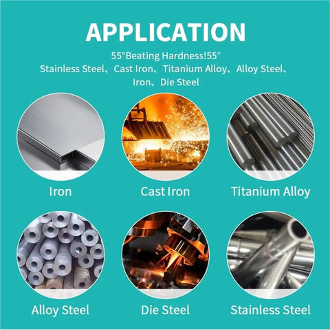Various metal types including iron, cast iron, titanium alloy, alloy steel, die steel, and stainless steel applications.
