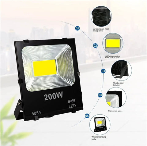 JUDYSSY Security Lights Outdoor Flood Light Led Wall Lamp Floodlight Exterior, 200W IP66 design with thickened glass and bracket.