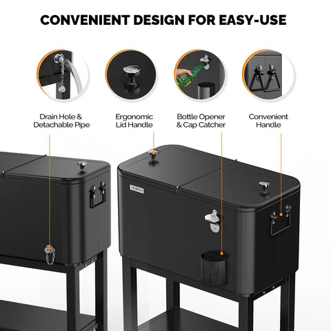 60 Quart Rolling Ice Chest On Wheels Portable Patio Party Bar Drink Cooler Cart With Shelf And Bottle Opener For Backyard BBQs And Outdoor Events featuring convenient design elements like a drain hole, ergonomic lid handle, bottle opener, and cap catcher.