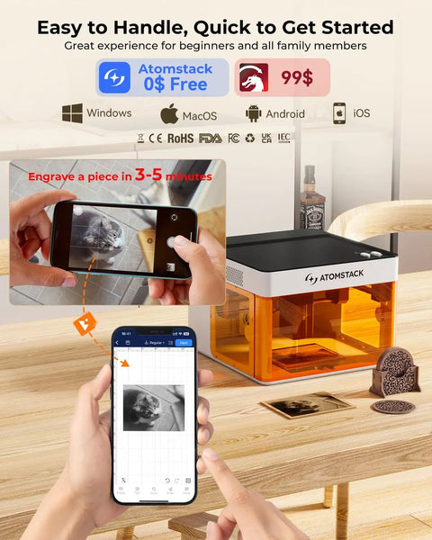P1 5W Laser Engraver For Beginners in action with photo engraving setup via smartphone control on wooden table