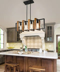 Antique Wood Chandelier For Kitchen Island With 4 Lights, 31.5 Inch Rectangular Pendant In Black Rustic Farmhouse Style in kitchen