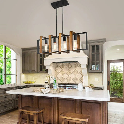 Antique Wood Chandelier For Kitchen Island With 4 Lights, 31.5 Inch Rectangular Pendant In Black Rustic Farmhouse Style in kitchen